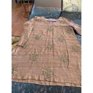 Pure Raw Silk Long Top Kurti Blouse Gold Hand Embroidered